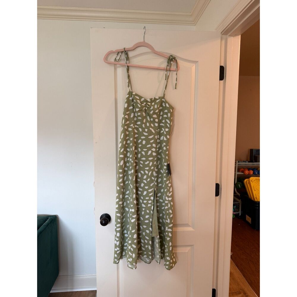 Lulus Party in Paris Sage Green Print Tie-Strap Midi Dress Size XS - Picture 3 of 12